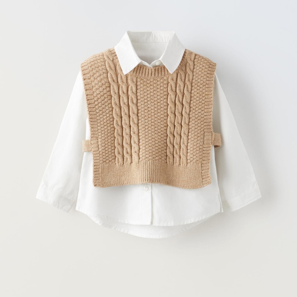 Zara Girls Kids Tan Cable Knit Vest with White Shirt combination top size 5-6